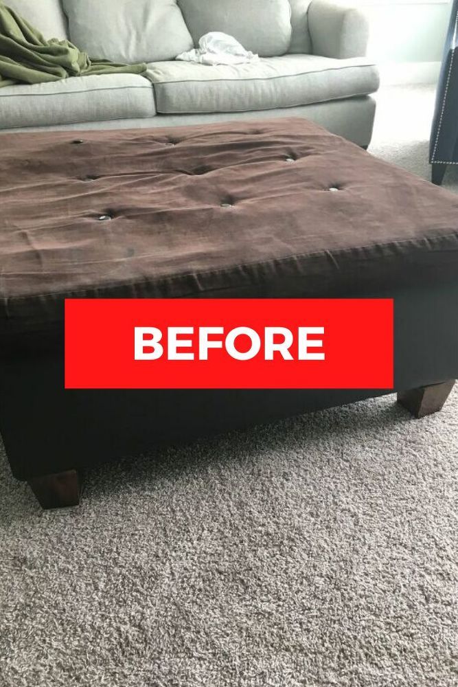 a brown ottoman with the words before on it in front of a white couch and carpet