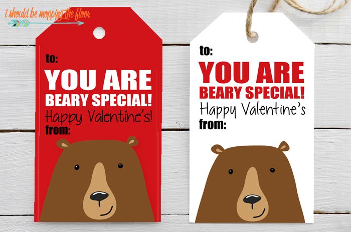 two valentine's tags with bears on them, one says you are beary special and the other says happy valentine's from