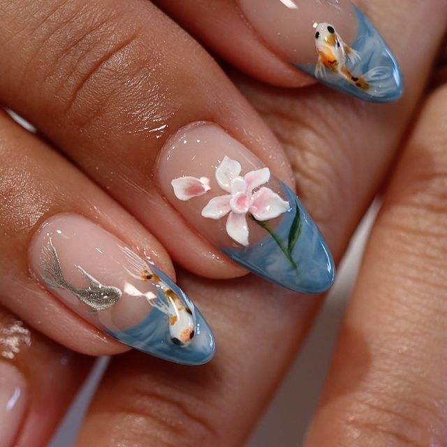 Koi Nail Art, Japan Inspired Nails, Koi Nails, Koi Fish Nails, Japan Nails, Fish Nails, Fruit Nails, Asian Nails, Duck Nails