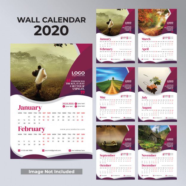 a wall calendar for the year 2020 with images of animals and trees in purple tones