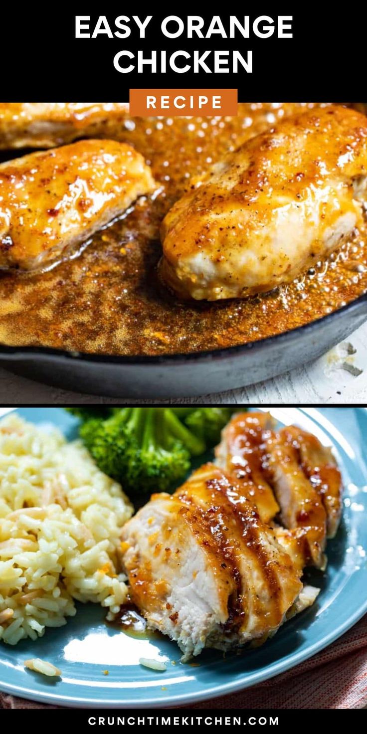 two pictures with chicken, rice and broccoli on them