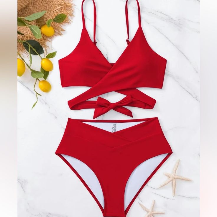 Size Small, Never Worn, Strap Can Be Adjusted Red Swimsuit Outfit, Bandage Bathing Suit, Red Bathing Suits, Swimsuits Outfits, Push Up Swimsuit, Swimwear High Waisted, Cute Bathing Suits, Red Swimsuit, 2 Piece Swimsuits