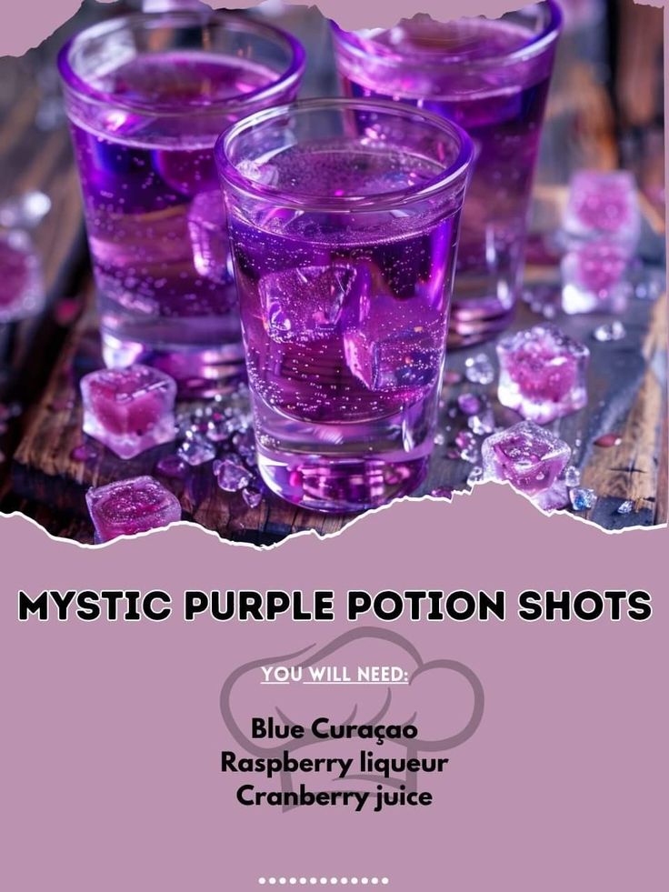 purple glasses filled with ice cubes on top of a wooden table