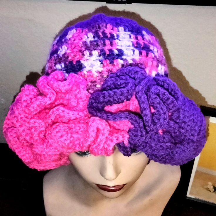 Handmade Ruffle Hat One Size Purple Crochet Hat For Spring, Pink Spring Hat With Ruffles, Pink Ruffled Hat For Spring, Spring Pink Hat With Ruffles, Adjustable Pink Hat With Ruffles, Handmade Purple Crochet Hat For Spring, Handmade Purple Hat One Size, Purple One Size Beanie Hat, Purple Beanie Hat, One Size