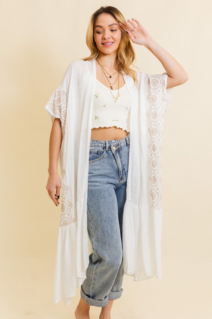 Introducing our Boho Tribal Embroidered Longline Kimono – a statement piece that effortlessly blends style and cultural flair! This longline kimono features intricate tribal embroidery, adding a bohemian touch to your wardrobe. With a relaxed fit and flowing silhouette, it's perfect for layering over any outfit. Whether you're hitting the festival scene or looking for a boho-chic layer for everyday wear, this kimono has you covered. Elevate your style with the Boho Tribal Embroidered Longline Kimono – where fashion meets cultural inspiration in one stunning piece! #lovemyleto 100% Viscose Imported Open Kimono, Kimono Boho, Billowy Sleeves, Embroidered Kimono, Modern Boutique, Boutique Collection, Boho Kimono, Effortless Elegance, Clothes Collection