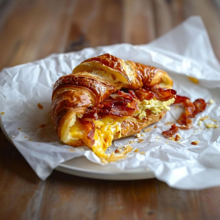 a bacon and cheese croissant on a white plate with wax paper wrapper