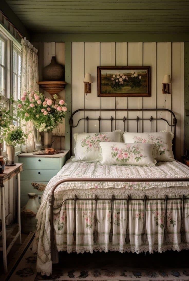 a bed sitting in a bedroom next to a window with flowers on the headboard