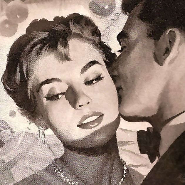 a drawing of a man kissing a woman's face with bubbles in the background