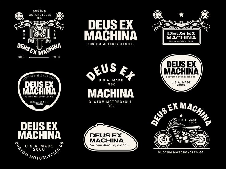 six different logos for various motorcycles on a black background with white lettering that says deus ex machina