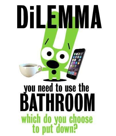 a poster with an image of a cartoon character holding a cell phone and drinking coffee