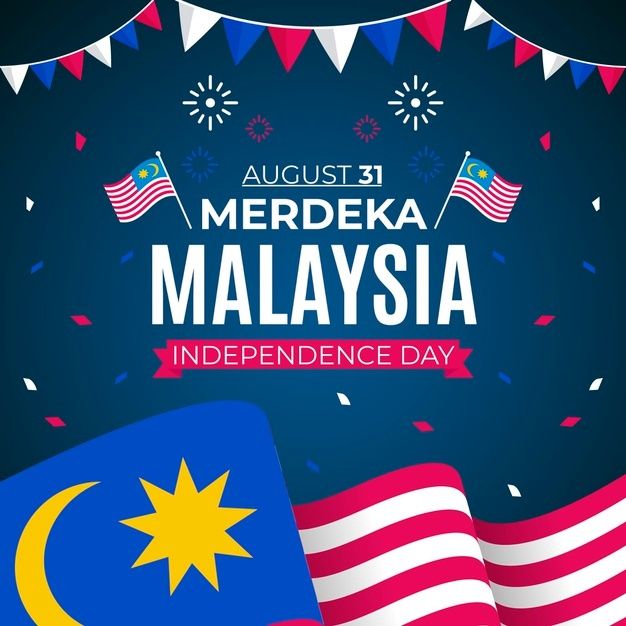 malaysia independence day poster with flags and buntings on dark blue background, illustration