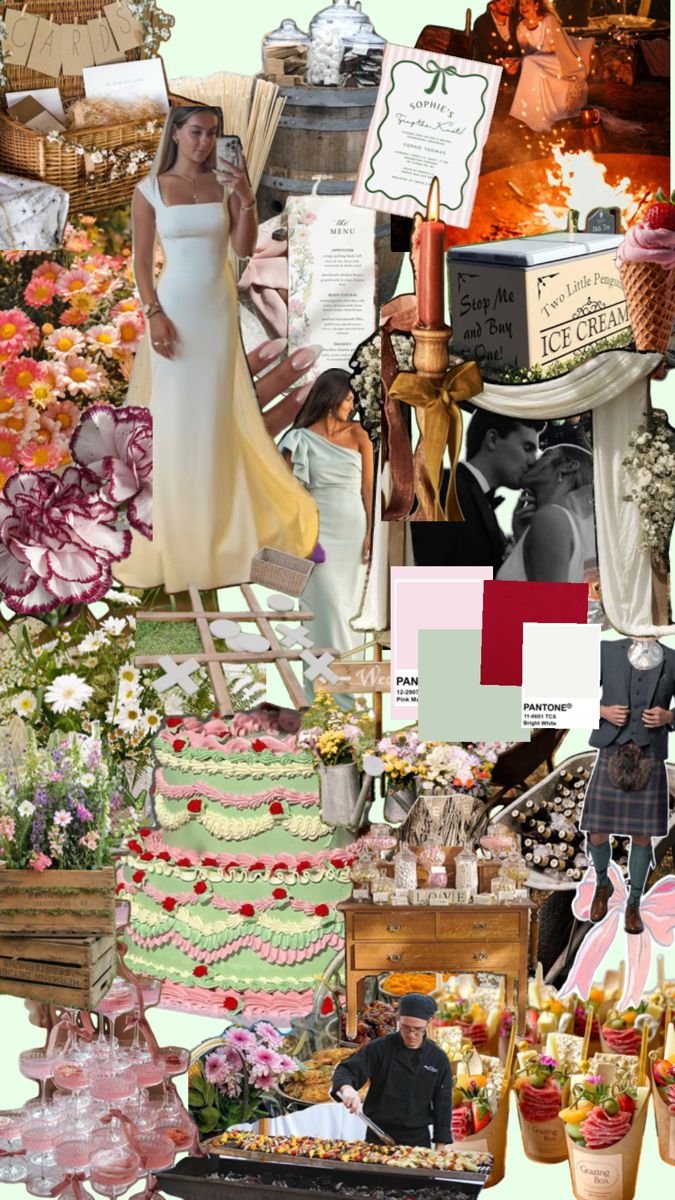 a collage of wedding pictures with flowers, cake and other things in the background