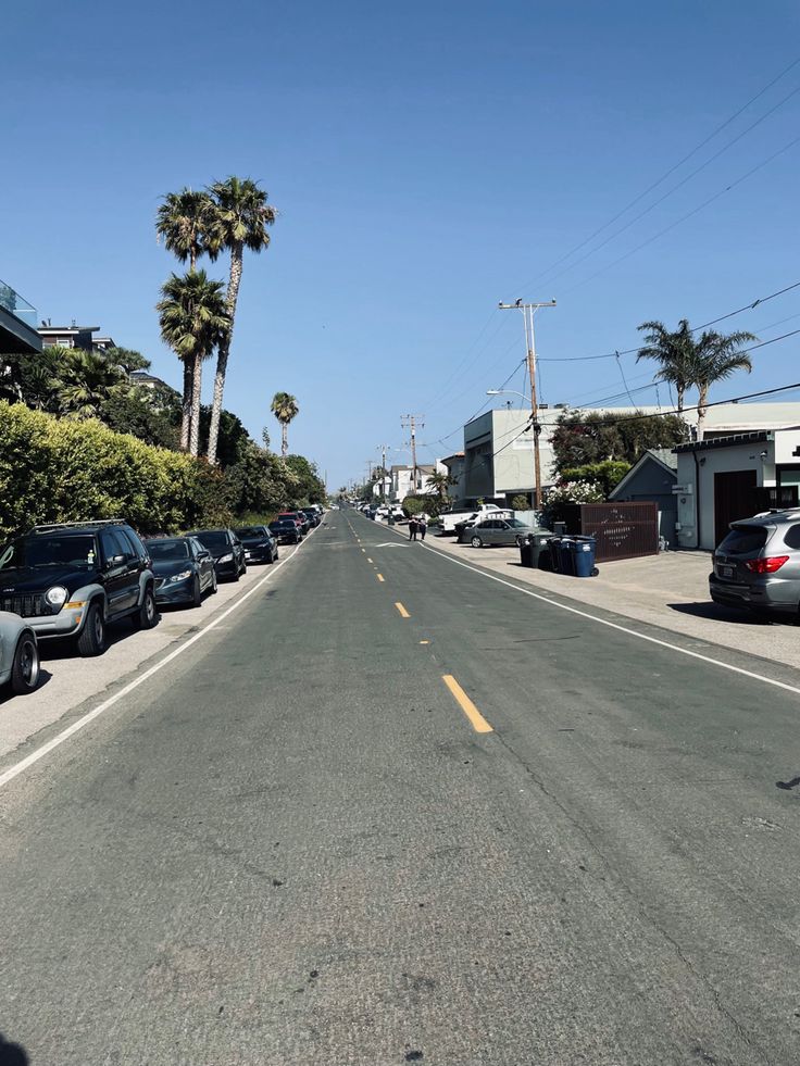 cars are parked on the side of an empty street with palm trees in the background