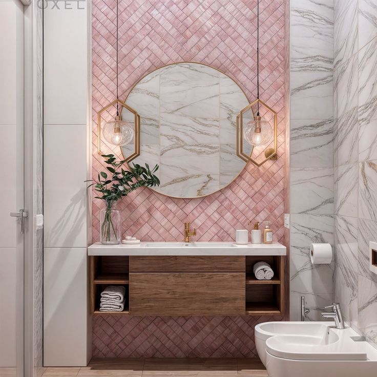 a bathroom with marble walls and pink tiles