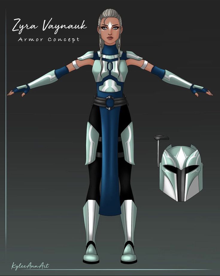 a woman in blue and white armor standing next to a helmet