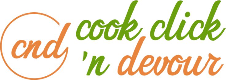 the words cook click and n'devour written in orange on a white background