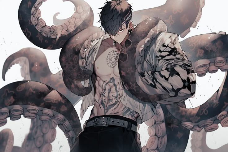 a man with tattoos standing in front of an octopus like creature and surrounded by smaller tentacles