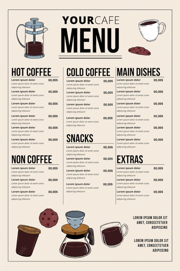 a menu with different types of food on it