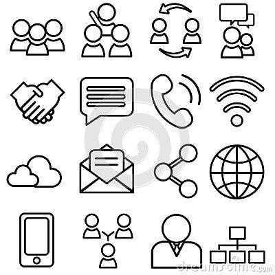 the icons for social networking and communication are shown in black and white, as well as an