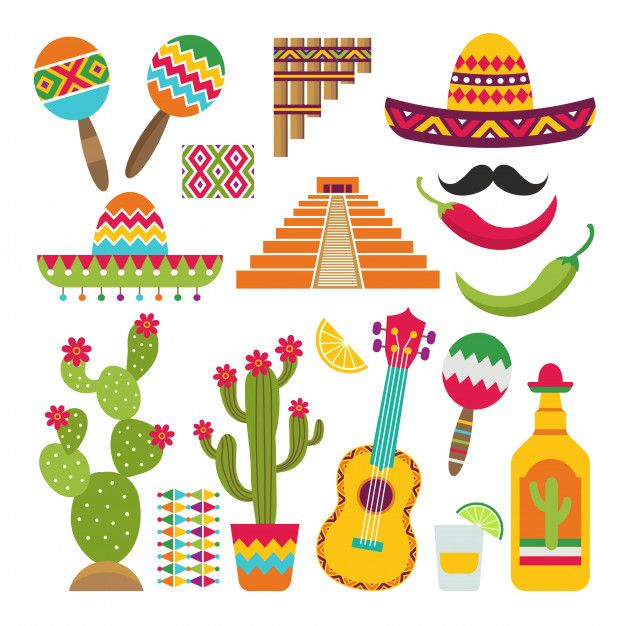 mexican fiesta clipart set with sombrero, maradilla, tequila bottle and cactus