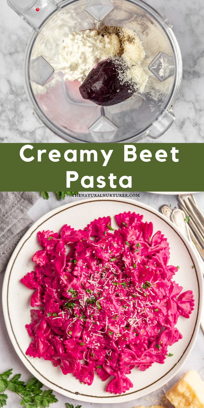 the ingredients to make creamy beet pasta in a food processor and on a plate