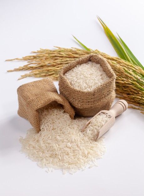 rice in a burlock next to stalks of wheat