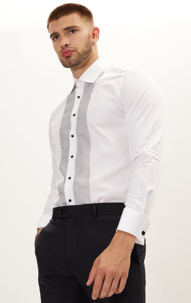 Long sleeve spread collar button up formal shirt. Made with European pure cotton fabric, chest lurex paneled, black enamel in silver setting buttons, and French cuffs with knotted silk cufflinks. Tailored Fit 100% Cotton Made in Turkey STYLE #4767 White Shirt For Men, White Shirt Men, Formal Shirt, French Cuff, Black And White Shirt, Collar Shirt, Formal Shirts, Black Enamel, Vest Dress