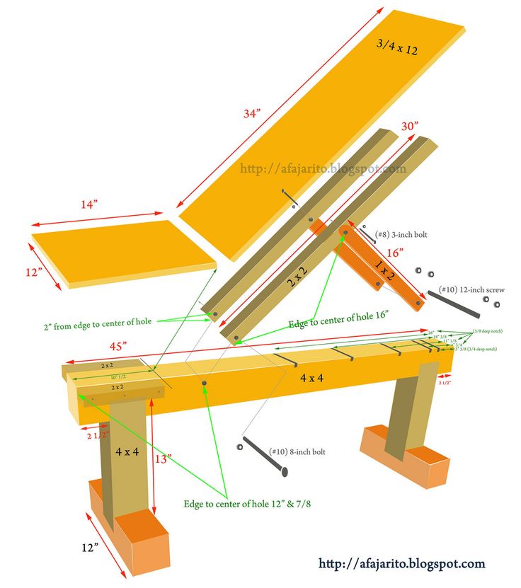 an image of a bench made out of wood with measurements for the top and bottom