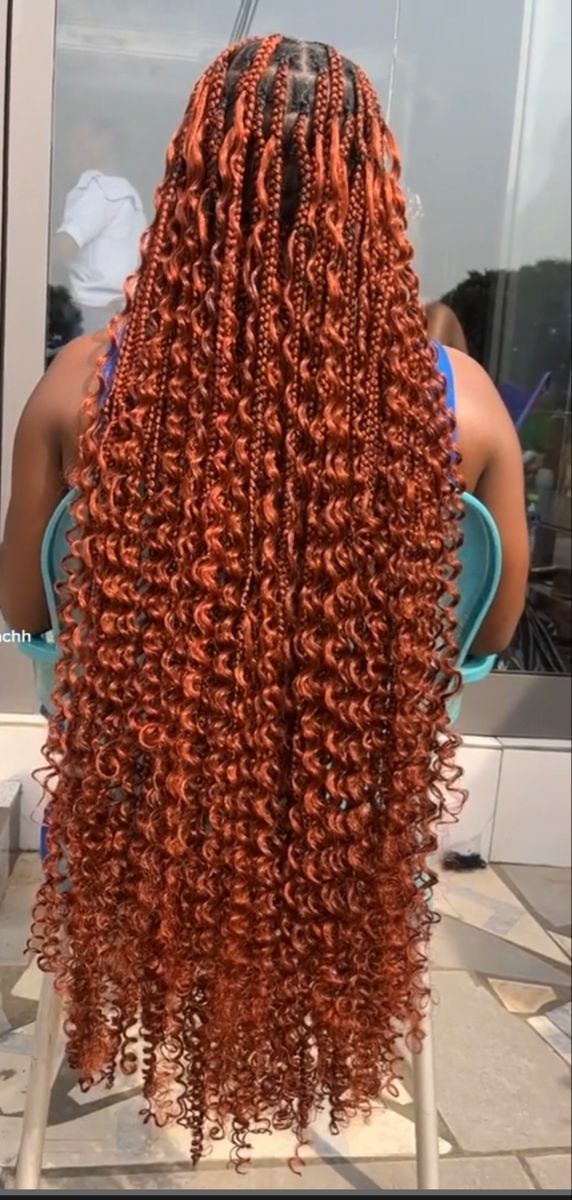 Ginger Hair Braids Hairstyles, Box Braids Ginger Color, Color 350 And Orange Braids, Long Box Braids Hairstyles Color, Long Goddess Braids With Color, Ginger And Blonde Goddess Braids, Ginger Braids Hairstyles, Braid Colours For Black Women, Orange Boho Braids