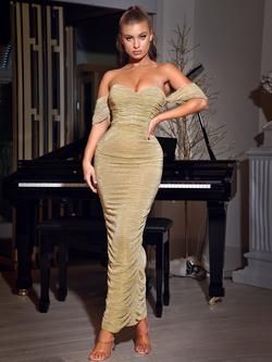 Gold Club Dress, Gold Ruched Dress, Off Shoulder Chiffon Dress, Gold Long Dress, Miss Circle, Gold Maxi Dress, Ruched Midi Dress, Chiffon Maxi Dress, Maxi Dress Party