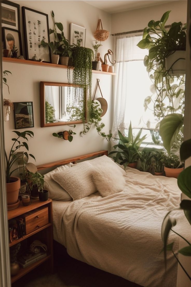 a bedroom with plants and pictures on the wall