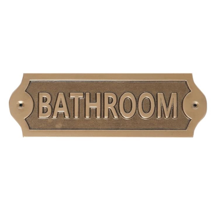 bathroom sign with the word bath room in gold and black on an aged bronze background