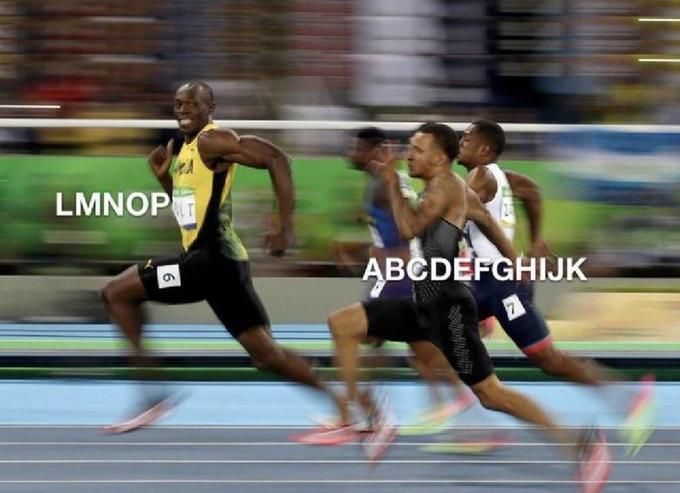 three men running on a track with the words lymop and abcdefghik above them