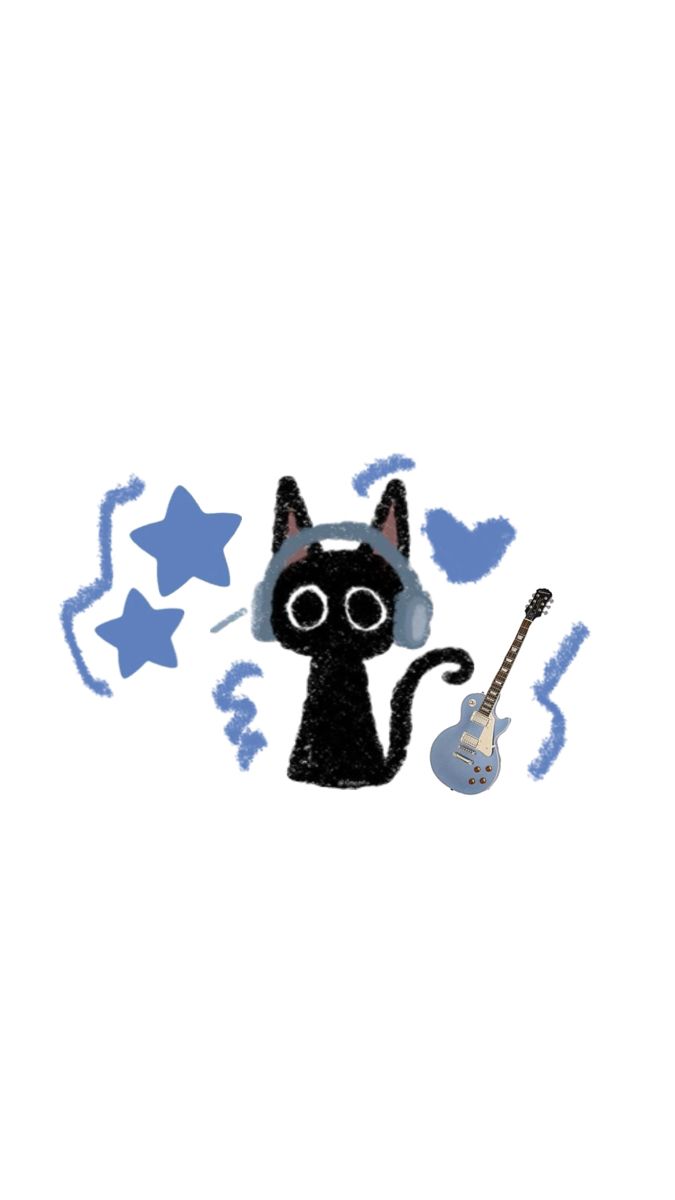 a drawing of a cat with headphones and a guitar in front of stars on a white background