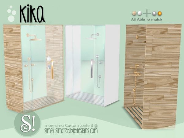 an advertisement for a shower stall with wooden panels and glass doors on the front side