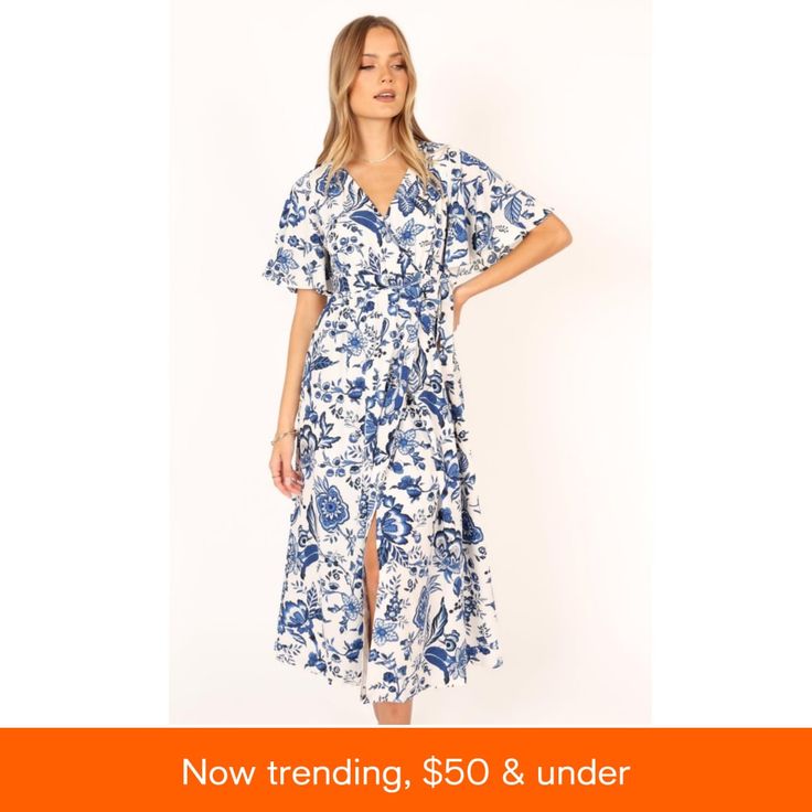 in stock Blue V-neck Midi Dress For Casual Occasions, Blue Short Sleeve Maxi Dress For Summer, Blue Short Sleeve Maxi Dress For Vacation, Blue Summer Brunch Dress, Blue Summer Midi Dress For Casual Wear, Blue Summer Dress For Brunch, Blue Short Sleeve Summer Midi Dress, Blue Midi Dress For Dress-down Summer Days, Summer Brunch Blue Dress