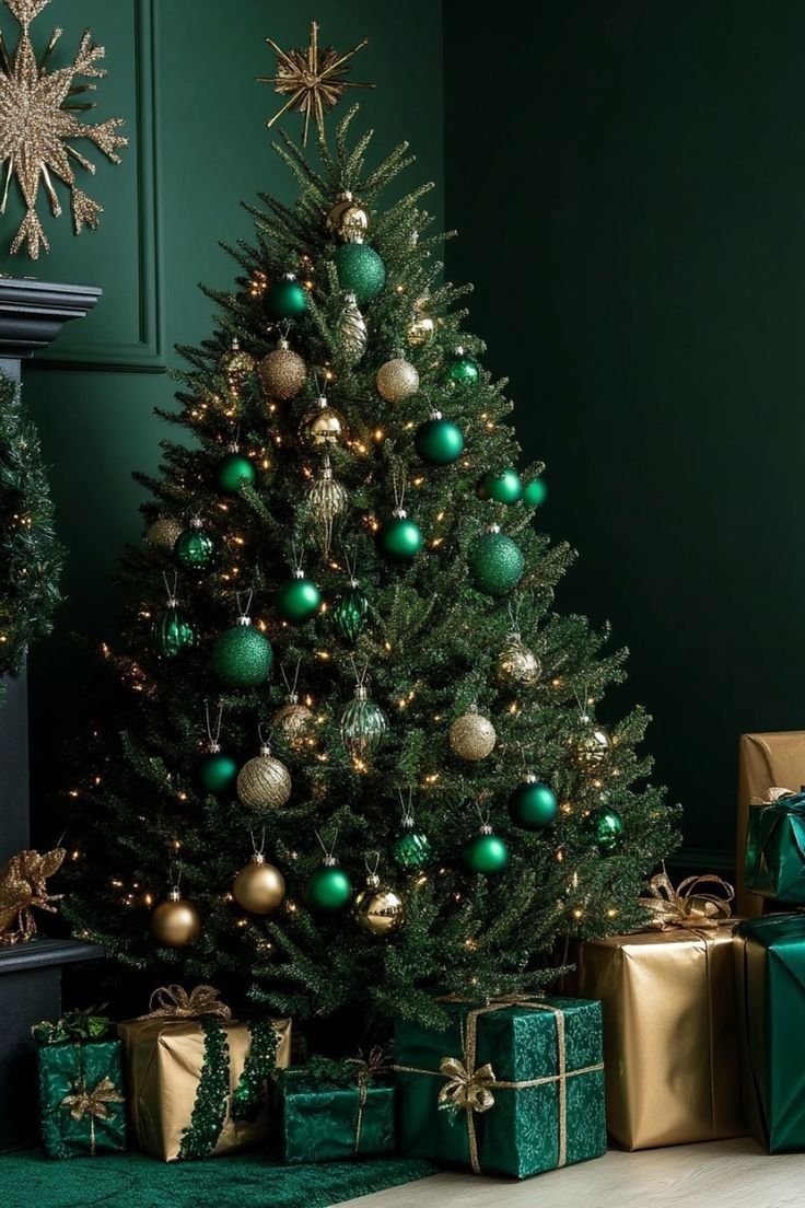 a christmas tree with green and gold ornaments on it next to presents under the tree