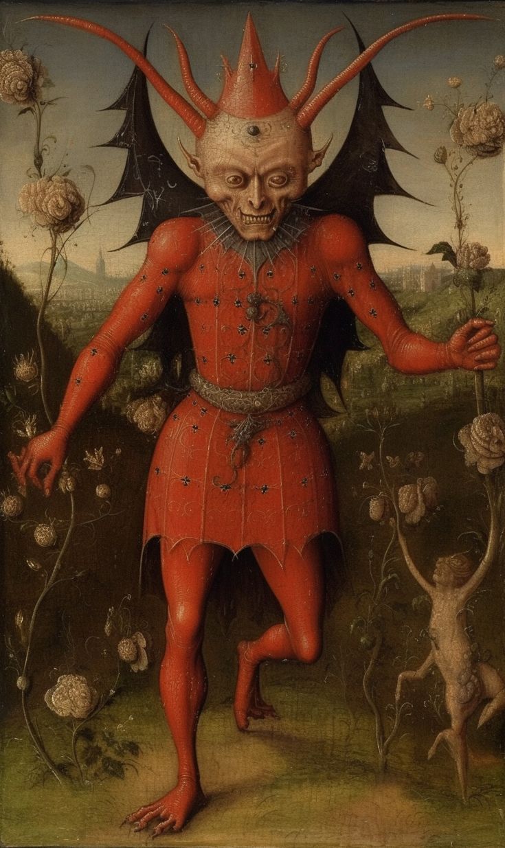 a painting of a demon standing in the middle of a field