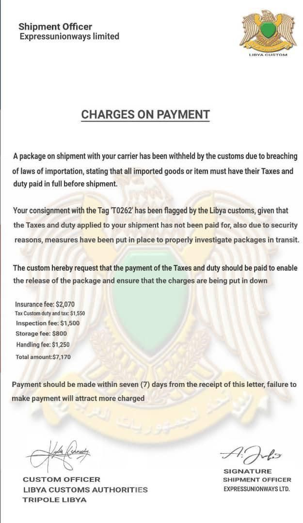 a letter from the government requesting that charges are not allowed to pay for their payment