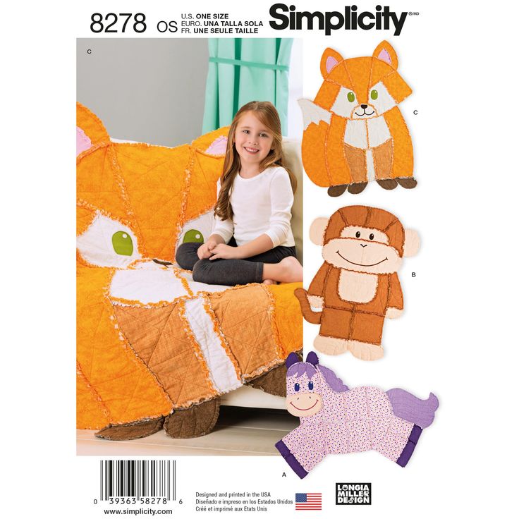 "Find the Simplicity® Pattern CS8278 (One Size) at Michaels. Stitch adorable rag-quilted animals with the help of the Simplicity Pattern 8278 Animal Rag Quilts-One Size. Simplicity® Pattern CS8278 Animal Rag QuiltsCraft Sewing Project. Stitch adorable rag-quilted animals with the help of the Simplicity Pattern 8278 Animal Rag Quilts-One Size. This pattern includes a monkey, horse and fox. Designer: Longia Miller. See product images for chart that shows you fabric types best suited for this proje Animal Quilt Patterns Annie's Craft Store, Sew Flannel Mop, Free Blanket Sewing Patterns, Blanket Stitch Sewing, Rag Quilt Size Chart, Fox Lovey Sewing Pattern, Sewing Animals, Fox Quilt, Learn Sewing