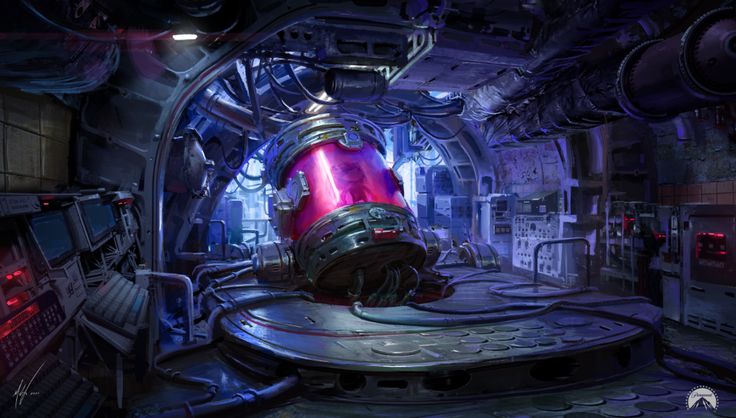 a sci - fi space station with a large red object in the center and lights on