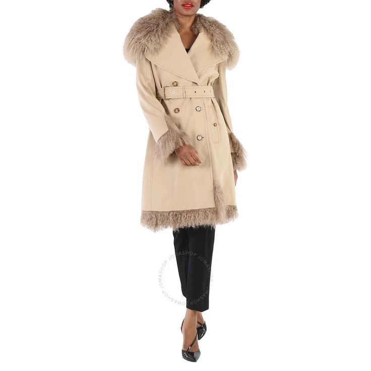 Burberry Ladies Outerwear. Fashion category: Coats & Jackets. SKU: 4562479. Color: Honey. Burberry Cotton Gabardine Shearling Trim Belted Trench Coat. This trench coat from Burberry features a double-breasted and concealed zip closure, button-through welt pockets, belted waist, a Vintage check lining and Mongolian shearling collar, cuffs and hem. Outer: 100% cotton. Made in Italy. Burberry Touch, Burberry Trench Coat, Tailored Coat, Belted Trench Coat, Womens Parka, Parka Coat, Trench Coats Women, Field Jacket, Outerwear Women