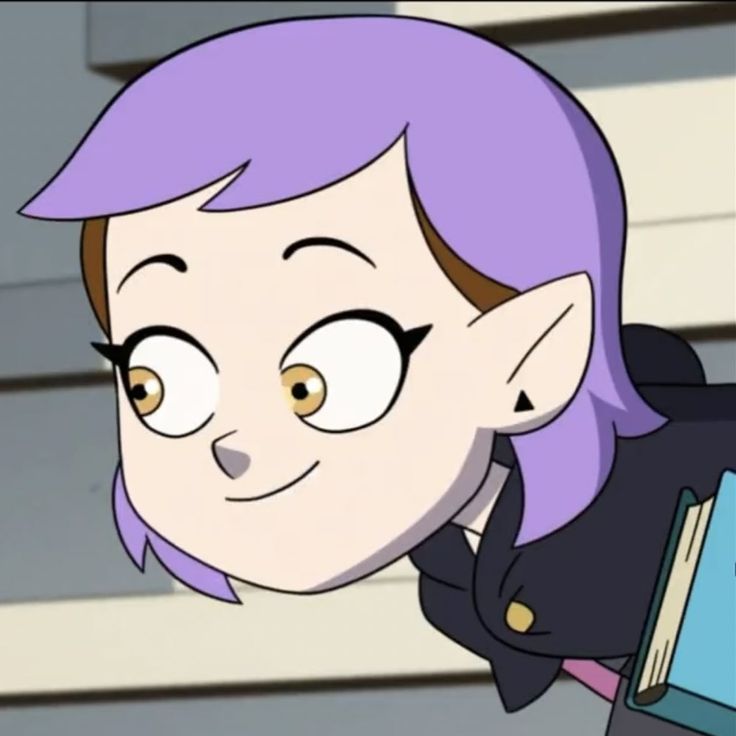 a cartoon girl with purple hair is holding a book and looking at the viewer's phone