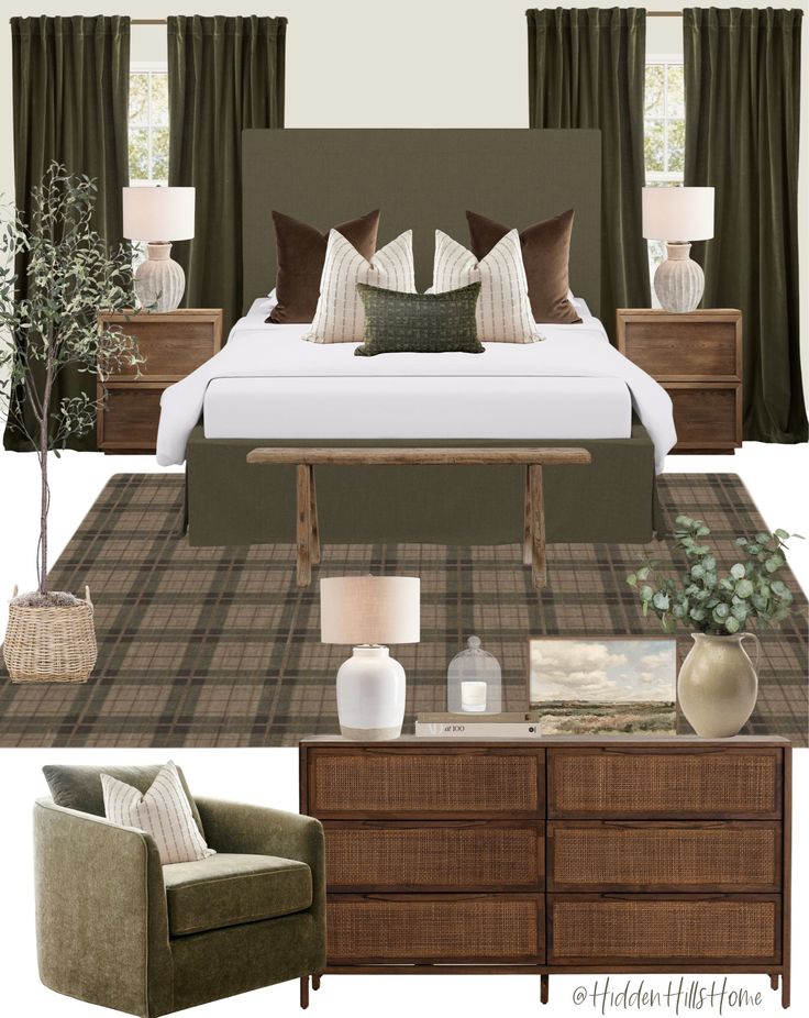 a bedroom is shown with furniture and decor in brown, green, and white colors