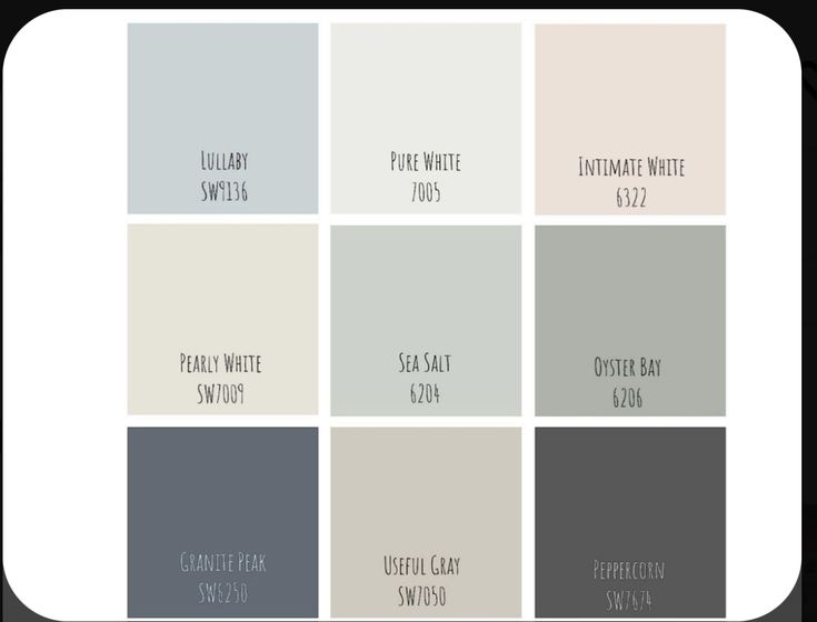 some gray and white paint colors with the names of different paints on them, all in shades