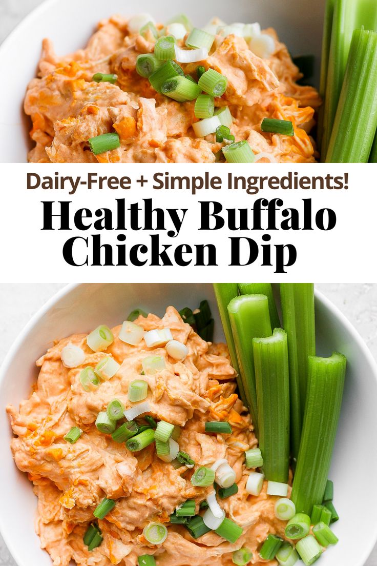 healthy buffalo chicken dip with celery in a white bowl