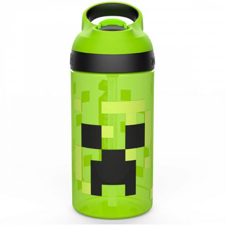 a green and black water bottle on a white background