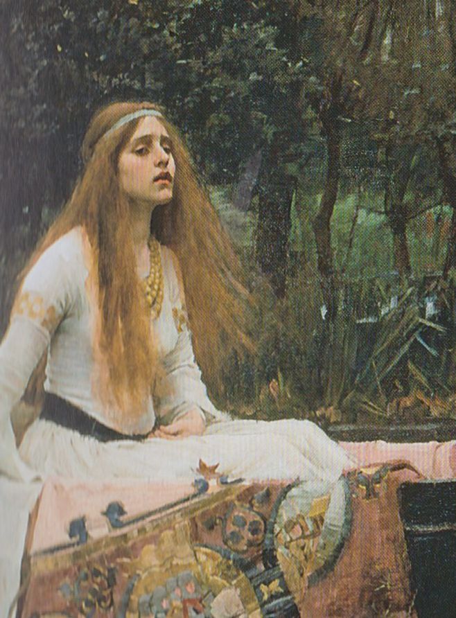 a painting of a woman with long hair sitting on a bench in the woods looking at something