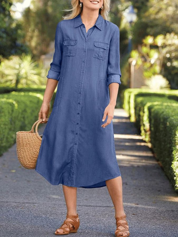 Casual Loose Long Sleeve Dress Casual Long Blue Shirt Dress, Casual Long Blue Midi Dress, Loose Long Sleeve Dress, Navy Blue Midi Dress, Denim Midi Dress, Mid Calf Dresses, Denim Pocket, Irregular Hem, Loose Outfit