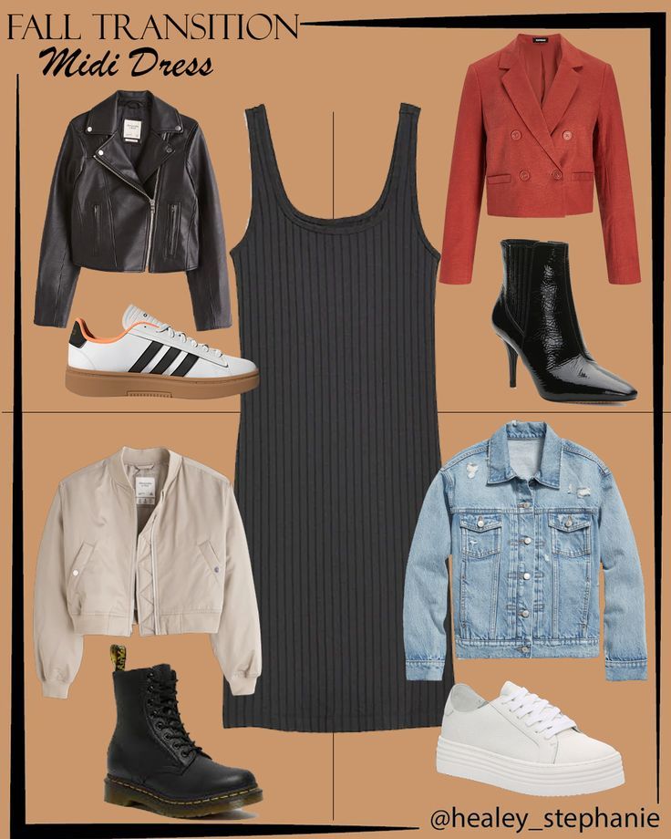 midi dress, knit dress, moto jacket outfit, denim jacket outfit, fall transition outfit Ribbed Tank Dress Fall, Midi Dress Sweater Outfit, Knit Midi Dress Outfit Fall, Black Knit Midi Dress Outfit, Black Ribbed Dress Outfits Winter, Black Midi Dress Outfit Fall, Black Ribbed Dress Outfits, Midi Knit Dress Outfits, Knit Midi Dress Outfit